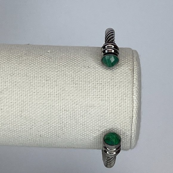 Genuine Malachite Silver Tone Twist Cable Cuff Bracelet - Picture 3 of 3